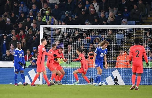Evan Ferguson of Brighton & Hove Albion celebrates with teammates after scoring the team's second goal during the Premier League match at Leicester City