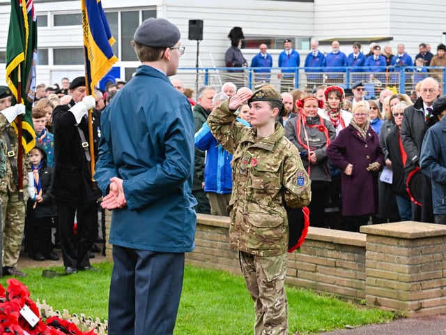 Bexhill, UK, 12 November 2023. Veterans, Youth Groups and Community members attend the Remembrance Day Service in Bexhill, East Sussex. Photo by Lee Floyd: https://www.leefloyd.co.uk/
