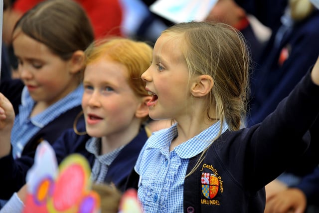 Pupils at St Philip's Catholic Primary School, in Arundel, celebrate the jubilee. Pic S Robards SR2205262