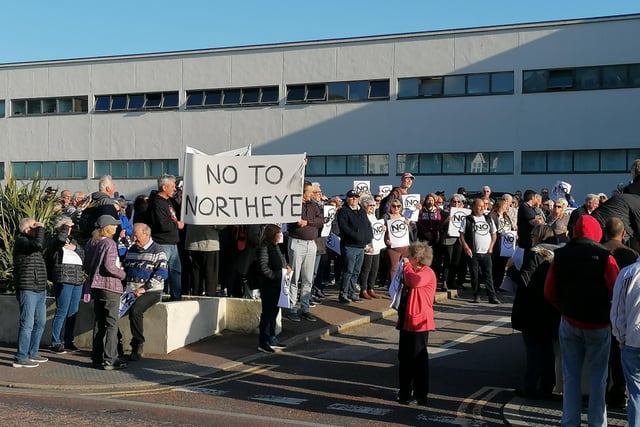 Protestors outside the De La Warr Pavilion demonstrating against the Northeye proposals. Picture by Fi Douglas