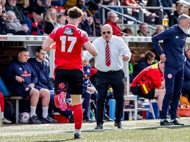 Action from Eastbourne Borough's National South win ovder Dartford at Priory Lane