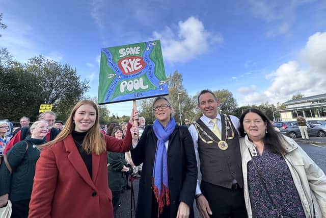 Hastings and Rye MP, Sally-Ann Hart and Rye mayor Andrew Rivett with protestors calling for the pool at Rye Sports Centre to remain open. Picture by Kt Bruce