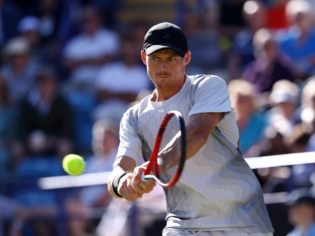 Billy Harris of Great Britain plays a backhand against Max Purcell of Australia during the Men's Singles Semi Final match on Day Seven of the Rothesay International Eastbourne at Devonshire Park (Photo by Charlie Crowhurst/Getty Images for LTA)