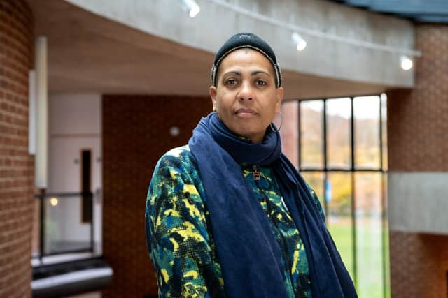 Former Turner Prize-winner, Helen Cammock in the University of Sussex Attenborough Centre for the Creative Arts. Photo: Stuart Robinson, Sussex University