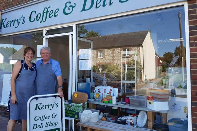Kerry Frost and her partner Paul outside Kerry's Coffee & Deli Shop in East Preston. Picture: Elaine Hammond / Sussex World