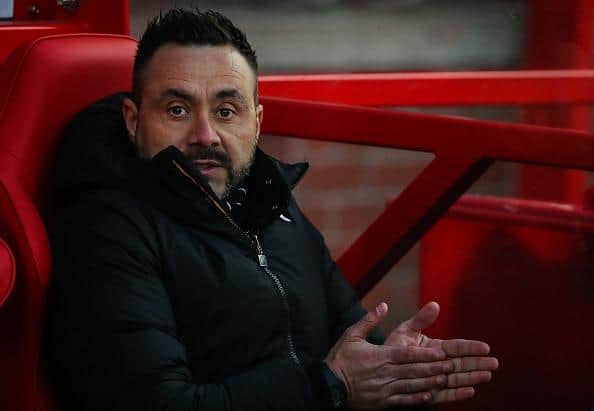Brighton's Italian head coach Roberto De Zerbi reacts during the 3-1 loss at Nottingham Forest