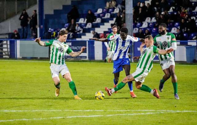 Action from Haywards Heath Town FC;s 1-1 draw with VCD in the Isthmian south east division