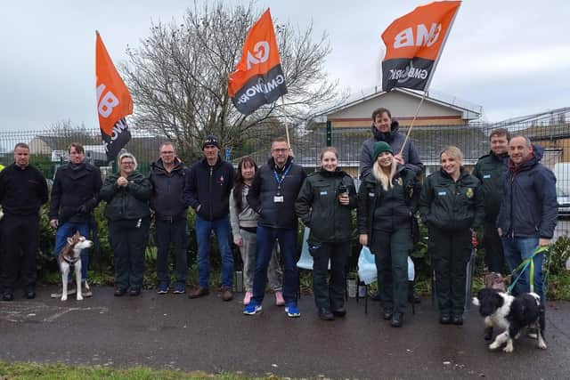 NHS staff also gathered on a GMB Union picket line outside Worthing Ambulance Station in Durrington. Photo: Eddie Mitchell