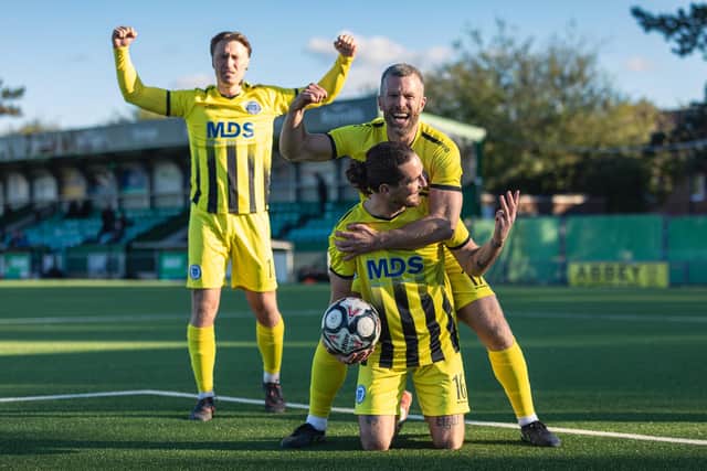 Haywards Heath Town players celebrate a goal in the win over Wick at Bognor | James Gething