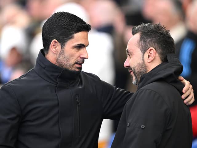 Arsenal boss Mikel Arteta (left) said Brighton, managed by Roberto De Zerbi (right), are 'a really difficult team to play against' and 'they ask so many questions'. (Photo by Mike Hewitt/Getty Images)