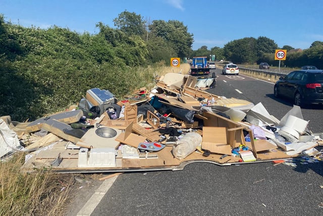 Photos from the scene show that the mobile home has completely collapsed on the A27, resulting in queuing traffic towards Worthing. Photo: Eddie Mitchell