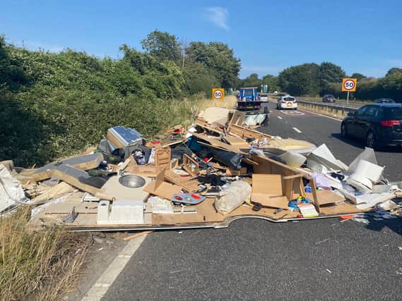 Photos from the scene show that the mobile home has completely collapsed on the A27, resulting in queuing traffic towards Worthing. Photo: Eddie Mitchell