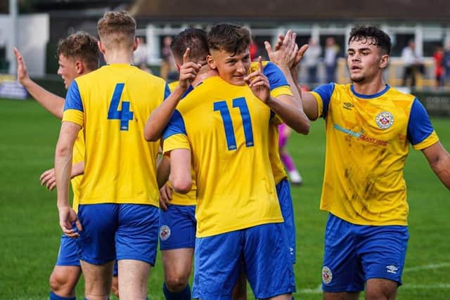 Eastbourne Town celebrate a goal v Horsham YMCA | Picture: Josh Claxton