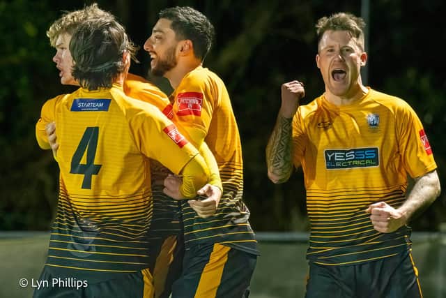 Littlehampton celebrate one of their six goals that saw off the Rocks | Picture: Lyn Phillips