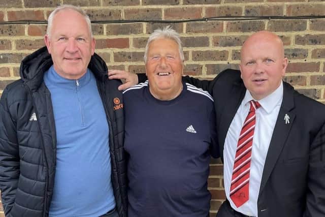 Peter Cherry, centre, with Garry Wilson, left, and Danny Bloor - a get-together of past and present Sports managers | Picture: EBFC