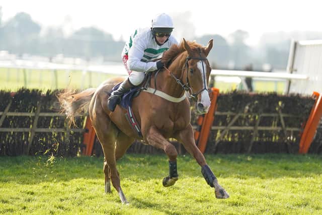 Jamie Moore riding Nassalam clear the last to winThe One More For The Moore's Juvenile Hurdle at Fontwell Park - now for Cheltenham (Photo by Alan Crowhurst/Getty Images)
