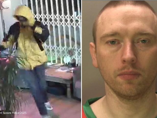 A burglar who targeted businesses in Rustington and Littlehampton has been jailed. John McCarthy smashed windows to gain access to a café, a barber shop, a restaurant, and two charity shops. The 37-year-old showed a 'flagrant disregard for people and their property'. He was identified on CCTV wearing a distinctive yellow coat during the break-ins, which caused thousands of pounds worth of damage. But a PCSO on patrol was able to identify him after speaking with businesses, and he was arrested. At his address, police found items he had taken from the businesses and shops, and found the distinctive yellow coat. McCarthy, formerly of East Street, Littlehampton, was charged with three counts of burglary other than a dwelling, one count of burglary other than a dwelling with intent to steal, and one count of attempted burglary other than a dwelling with intent to steal. At Crawley Magistrates’ Court on January 27, he was sentenced to a total of one year in prison for the five offences. The court was told about how the Lemon Grass restaurant, Fig Café & Tapas and Clipper Street in The Street, Rustington, were all targeted in the early hours of January 14. A member of the public reported seeing a man in a yellow coat and called the police. A number of windows were smashed and a small quantity of cash was reported stolen. Then in the early hours of January 22, McCarthy broke into charity shops Link to Hope and St Barnabas House in Anchor Springs, Littlehampton. A charity collection box from St Barnabas House was found in his room.