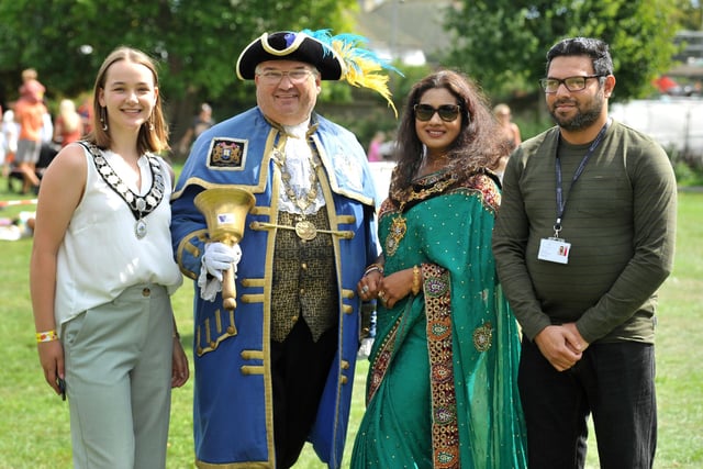 Worthing youth mayor Henny Sonnemann-Petty, town crier Bob Smytherman, mayor Henna Chowdhury and Ibsha Choudhury, Labour councillor for Castle ward, at Picnic in the Park Tarring