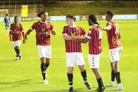 Lewes players celebrate a goal during their 8-0 FA Cup replay hammering of Sheppey | Picture: Angela Brinkhurst