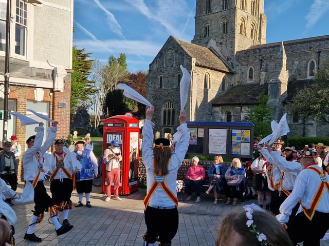 Sompting Village Morris celebrating May Day 2025 in Shoreham, where a large crowd gathered at 7am to watch to fun