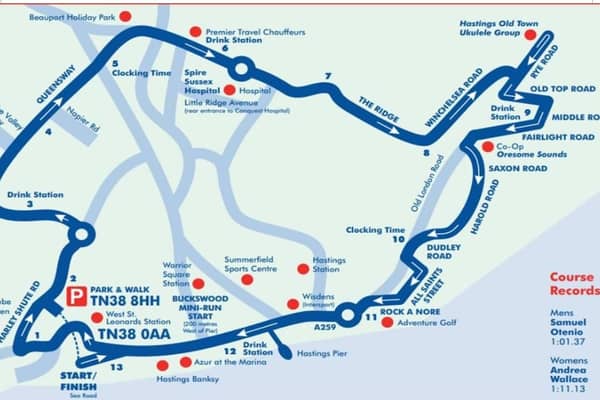 Map showing Hastings Half Marathon route and road closures