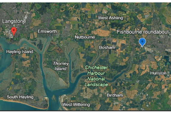 AA Traffic information showed delays of 110 minutes between Fishbourne and Langstone roundabouts, with average speeds of five mph. Disruption was first reported at 8am and continued throughout Sunday (October 18), with traffic also queueing on the A259 Havant Road. Photo: Google Earth