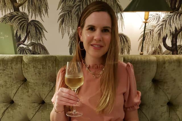 Katherine at Pitch with her very pretty main course (and a delicious glass of chenin blanc)