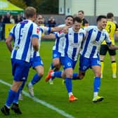 Haywards Heath Town celebrate scoring against Chichester City on Saturday. Picture by Ray Turner