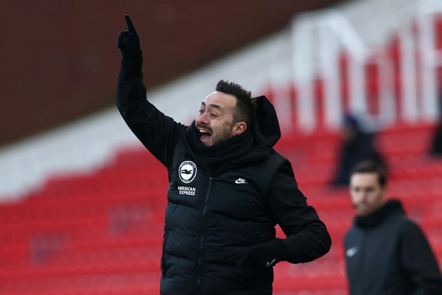 Brighton's Italian head coach Roberto De Zerbi gestures on the touchline during the English FA Cup third round football match between Stoke City and Brighton and Hove Albion at the bet365 Stadium, in Stoke on Trent, central England, on January 6, 2024. (Photo by Darren Staples/AFP via Getty Images)