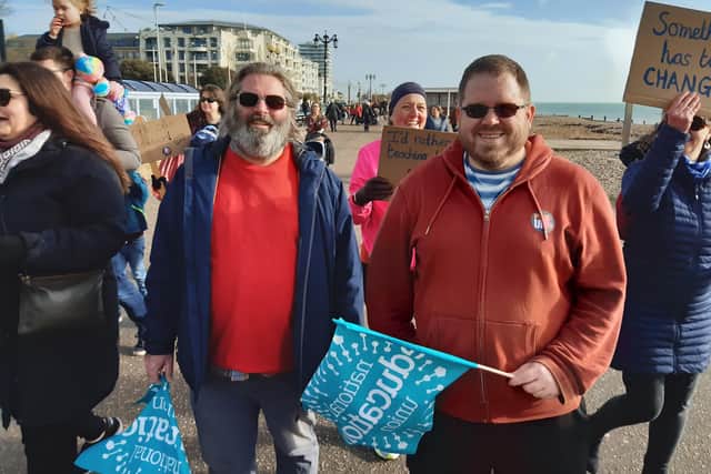 Tim Little and Ben Sanders, BHASVIC teachers, joined the march through Worthing
