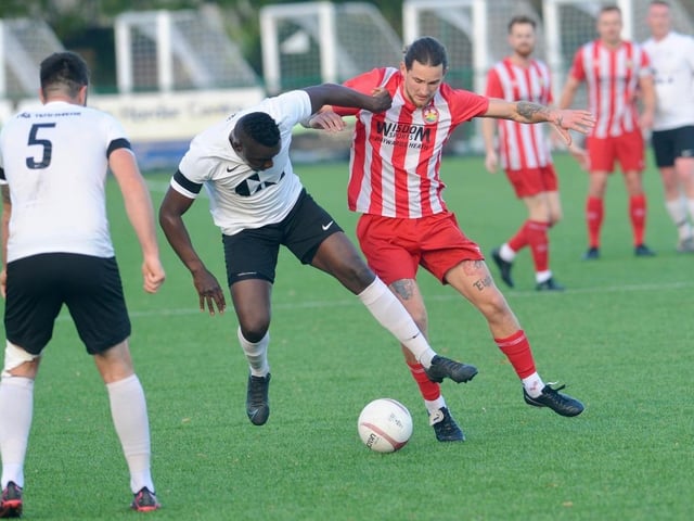 Action from Steyning Town v Eastbourne United. Picture by Stephen Goodger