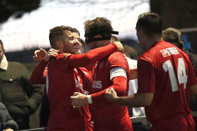 Worthing celebrate on their way to victory over Chippenham | Picture: Mike Gunn