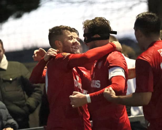 Worthing celebrate on their way to victory over Chippenham | Picture: Mike Gunn