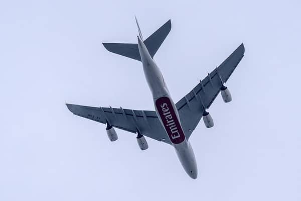 Photographer Ray Turner's picture of the Emirate plane - with Jay Lovett on board - flying over the Hanbury while Haywards Heath were in action. The plane shortly afferwards made an emrgency landing at Gatwick with steering failure.
