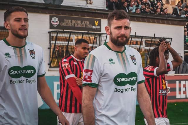 James Crane in a Rocks shirt at Lewes for November's FA Trophy tie | Picture: Tommy McMillan