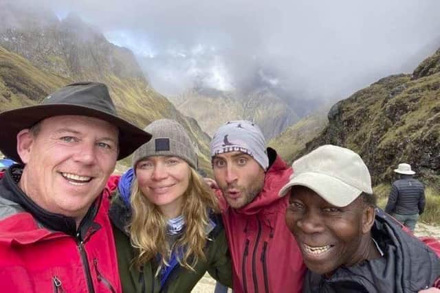 Ambrose, right, with model Jodie Kidd and pals on charity track in Peru