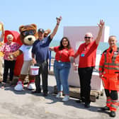 Representatives of the Air Ambulance Charity Kent Surrey Sussex (KSS), Eastbourne Dementia Action Alliance, Rotary Club of Sovereign Harbour, Hailsham Rotary Club, Cllr Margaret Bannister and Ace the Air Bear launch the charity collections for Airbourne 2023. Picture from Eastbourne Borough Council