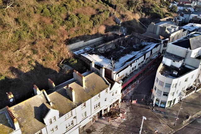 An aerial shot of the fire-damaged former amusement arcade in George Street, Hastings. Picture by Mark Heffer