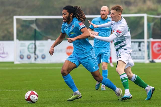 Camron Gbadebo, (Pictured playing for Marske United), made his debut for The Sports on December 16 away from home against Welling United, when after being substituted on, suffered a ruptured ACL in the match. Picture; Marske United
