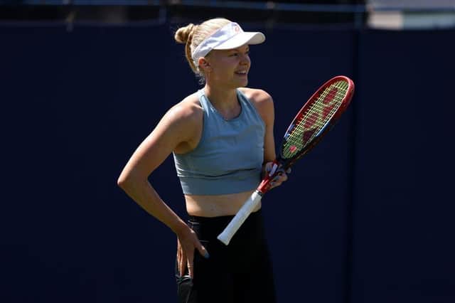 EASTBOURNE, ENGLAND - JUNE 25: Harriet Dart of Great Britain runs through a practice session on the outside courts during Day Two of the Rothesay International Eastbourne at Devonshire Park on June 25, 2023 in Eastbourne, England. (Photo by Charlie Crowhurst/Getty Images for LTA):Images from day two at the Rothesay tennis international at Devonshire Park, Eastbourne