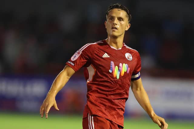 Tom Nichols of Crawley Town in action during the Sky Bet League Two between Crawley Town and Northampton Town at Broadfield Stadium on August 16, 2022 in Crawley, England. (Photo by Pete Norton/Getty Images)