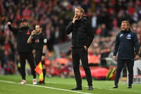 LIVERPOOL, ENGLAND - OCTOBER 30: Graham Potter, manager of Brighton & Hove Albion reacts during the Premier League match between Liverpool and Brighton & Hove Albion at Anfield on October 30, 2021 in Liverpool, England. (Photo by Shaun Botterill/Getty Images)