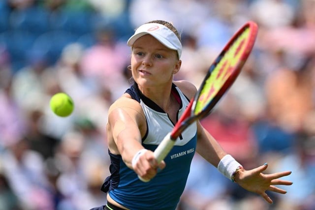 Britain's Harriet Dart returns to China's Zhang Shuai during their women's singles round of 32 tennis match at the Rothesay Eastbourne International tennis tournament in Eastbourne, southern England, on June 26, 2023. (Photo by Glyn KIRK / AFP) (Photo by GLYN KIRK/AFP via Getty Images):Action from Monday's play at the Rothesay tennis international at Devonshire Park, Eastbourne
