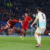 Bryan Cristante of AS Roma scores his team's fourth goal during the UEFA Europa League 2023/24 round of 16 first leg match between AS Roma and Brighton & Hove Albion at Stadio Olimpico on March 07, 2024 in Rome, Italy. (Photo by Paolo Bruno/Getty Images) (Photo by Paolo Bruno/Getty Images)