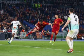Bryan Cristante of AS Roma scores his team's fourth goal during the UEFA Europa League 2023/24 round of 16 first leg match between AS Roma and Brighton & Hove Albion at Stadio Olimpico on March 07, 2024 in Rome, Italy. (Photo by Paolo Bruno/Getty Images) (Photo by Paolo Bruno/Getty Images)