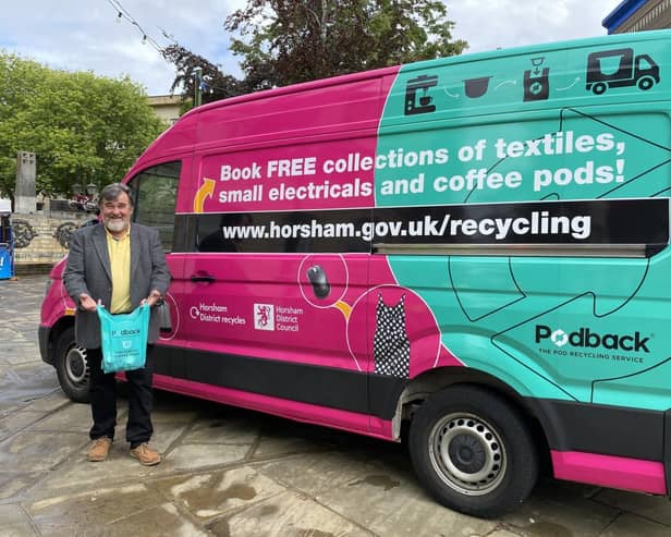 Councillor Mercer with the coffee pod recycling van. Photo contributed