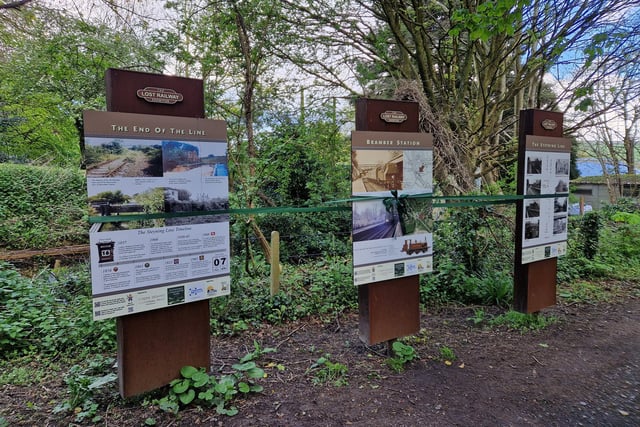Three boards are placed together just south of Bramber Castle, sited right on the spot where Bramber Railway Station used to be