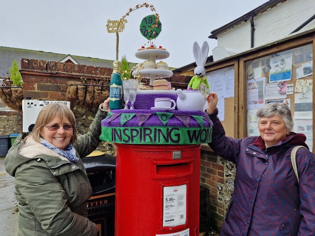 Gill Gostick and Gay Hibbs with their stunning afternoon tea made from crochet to celebrate the 50th anniversary of Findon Village WI