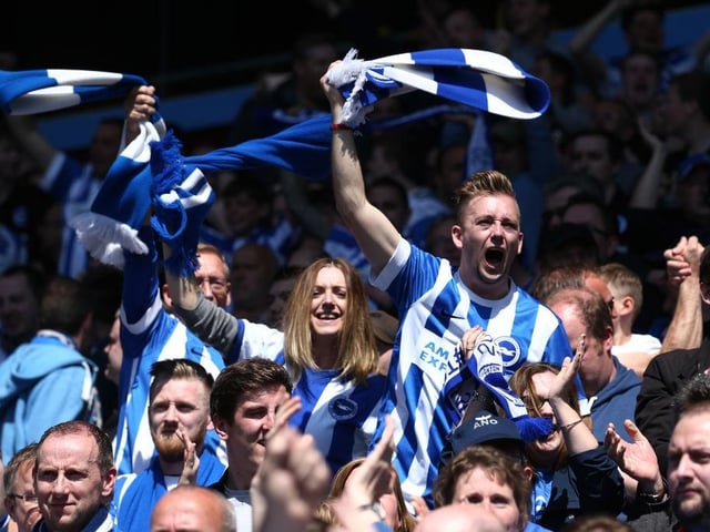 Brighton and Hove Albion fans celebrate after their side scores their first goal during the Sky Bet Championship match between Aston Villa and Brighton & Hove Albion at Villa Park on May 7, 2017