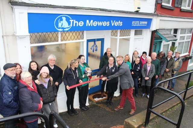 Dr Julia Mewes (centre), Cllr Chris Poole, Lloyd Russell-Moyle MP and guests at the new vet clinic